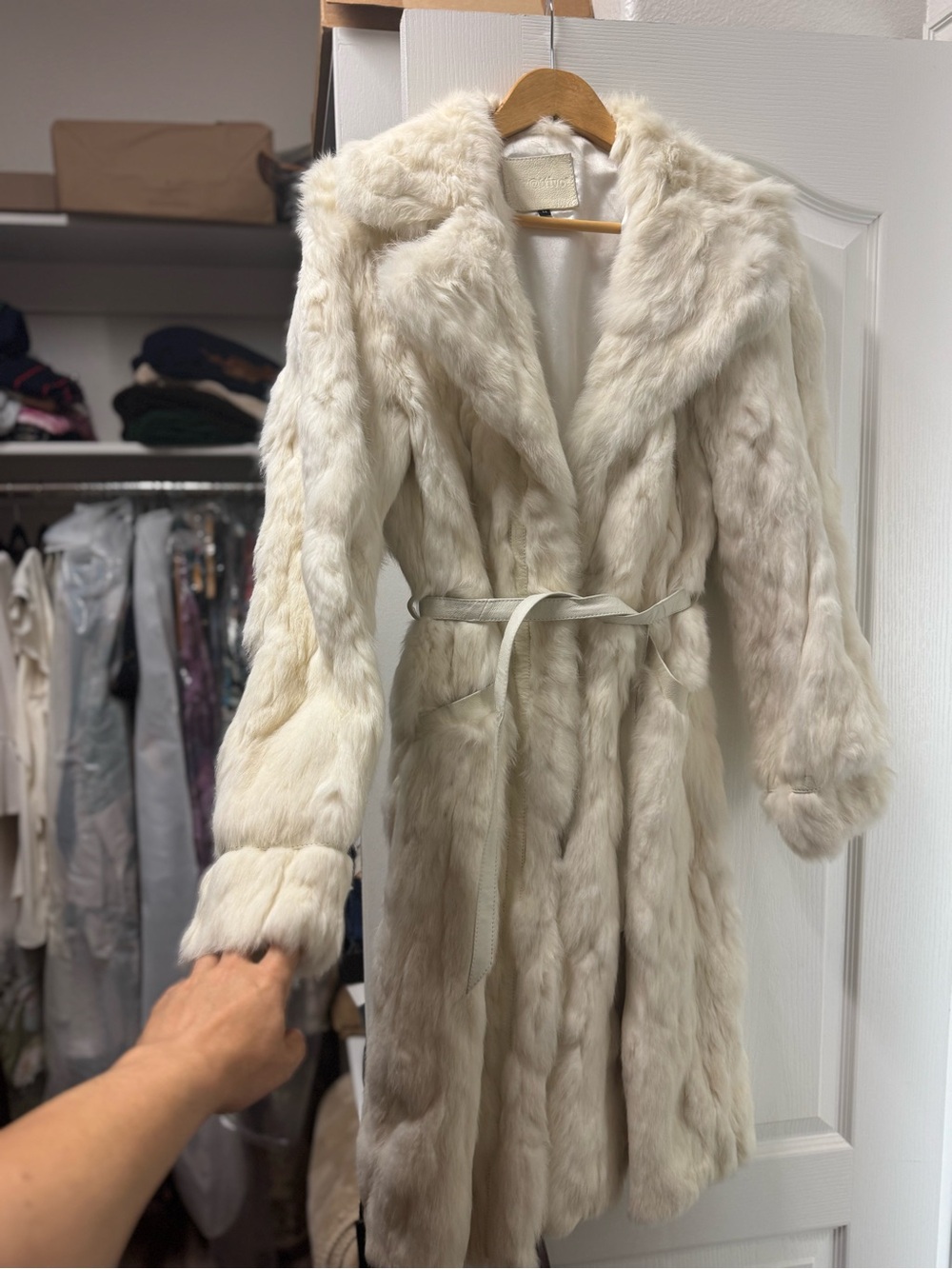 European Culture Cream Faux Fur Robe Coat with Belt